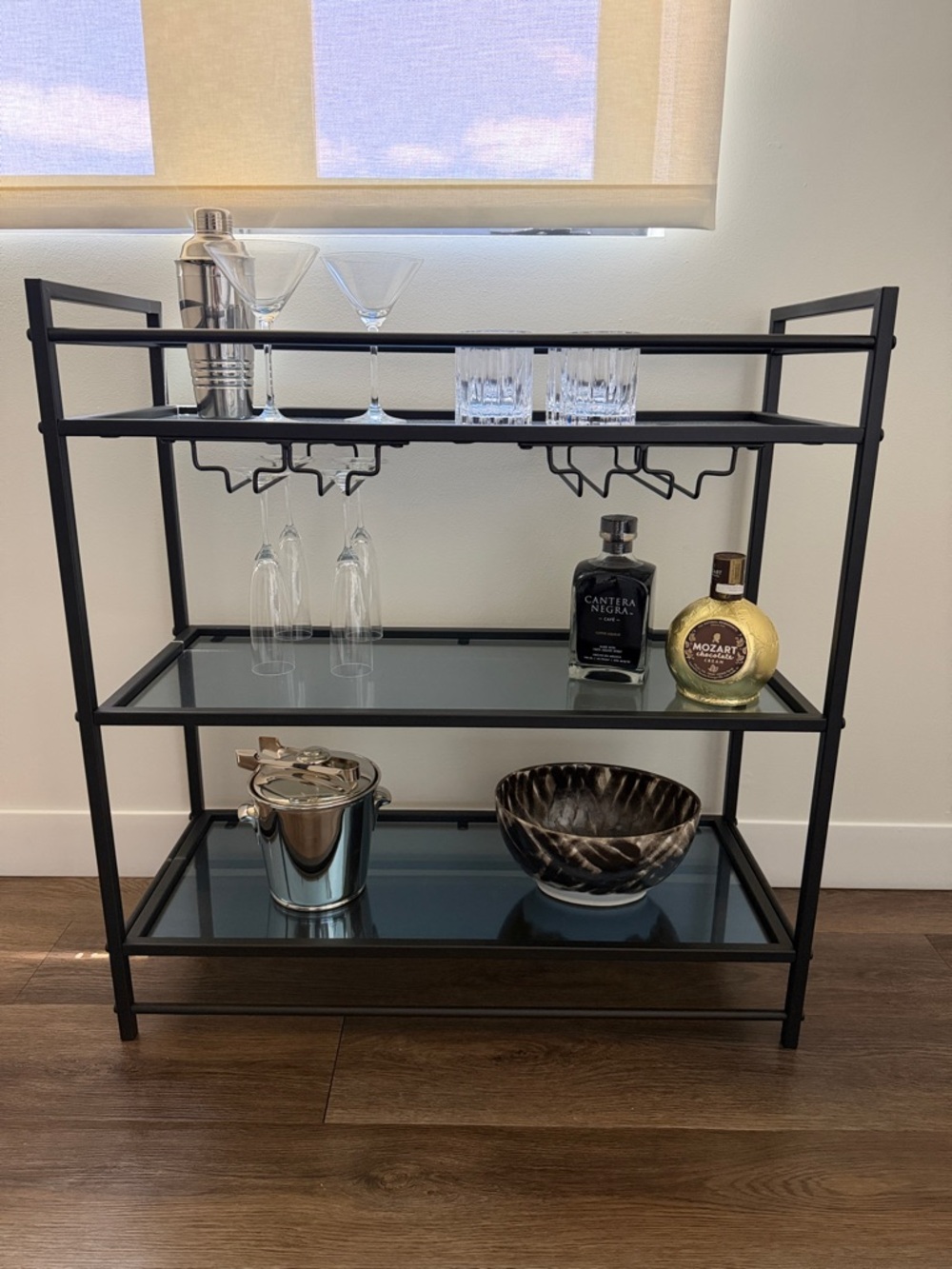 Matte Black Glass Bar Cart with Stemware Rack - Home Dining
